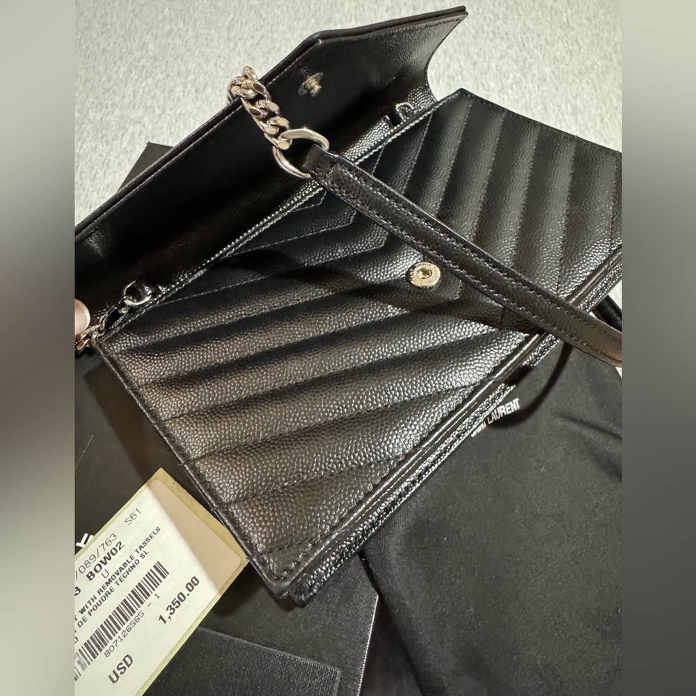 Saint Laurent Cassandre Black Quilted Envelope Leather Chain Wallet Purse - Picture 8 of 11